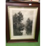 A LARGE MAHOGANY FRAMED PRINT OF A PASTORAL SCENE TITLED 'IN THE HEART OF DEVON' 66CM X 79CM