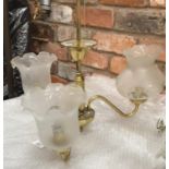 A VINTAGE STYLE BRASS THREE BRANCHED CEILING LIGHT WITH ETCHED GLASS SHADES DROP APPROX 26CM,