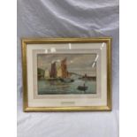 A 1952 FRAMED WATERCOLOUR SIGNED A. D. BELL ENTITLED 'DRYING SAILS' - 54CM X 45CM