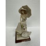 A V TESSARO FIGURE OF A LADY WITH A SWAN ON A WOODEN PLINTH