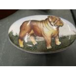 AN OVAL ENAMEL TRINKET BOX WITH A BULLDOG