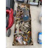 A LARGE ASSORTMENT OF TOOLS TO INCLUDE FILES, RATCHET STRAPS AND A TOOL BOX ETC