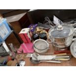 AN ASSORTMENT OF ITEMS TO INCLUDE PANS, MIRROS AND UTENSILS ETC