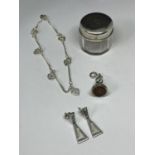FOUR SILVER ITEMS TO INCLUDE A HALLMARKED BIRMINGHAM SILVER LIDDED POT, A PAIR OF EARRINGS, AN