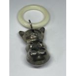 A VICTORIAN TEETHING RING WITH ATTACHED TEDDY BEAR RATTLE