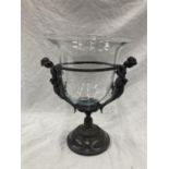 A LARGE HAND BLOWN GLASS BOWL IN A BRONZE COLOURED METAL HOLDER DECORATED WITH ANGELS - HEIGHT