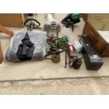 AN ASSORTMENT OF VARIOUS ITEMS TO INCLUDE PUMP ACTION OIL CANS, A PARAFIN LAMP AND A FOOT PUMP ETC