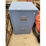 A BLUE METAL TWO DRAWER FILING CABINET