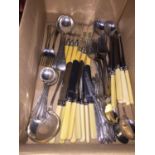 A QUANTITY OF VINTAGE YELLOW HANDLED KNIVES AND FORKS, ETC