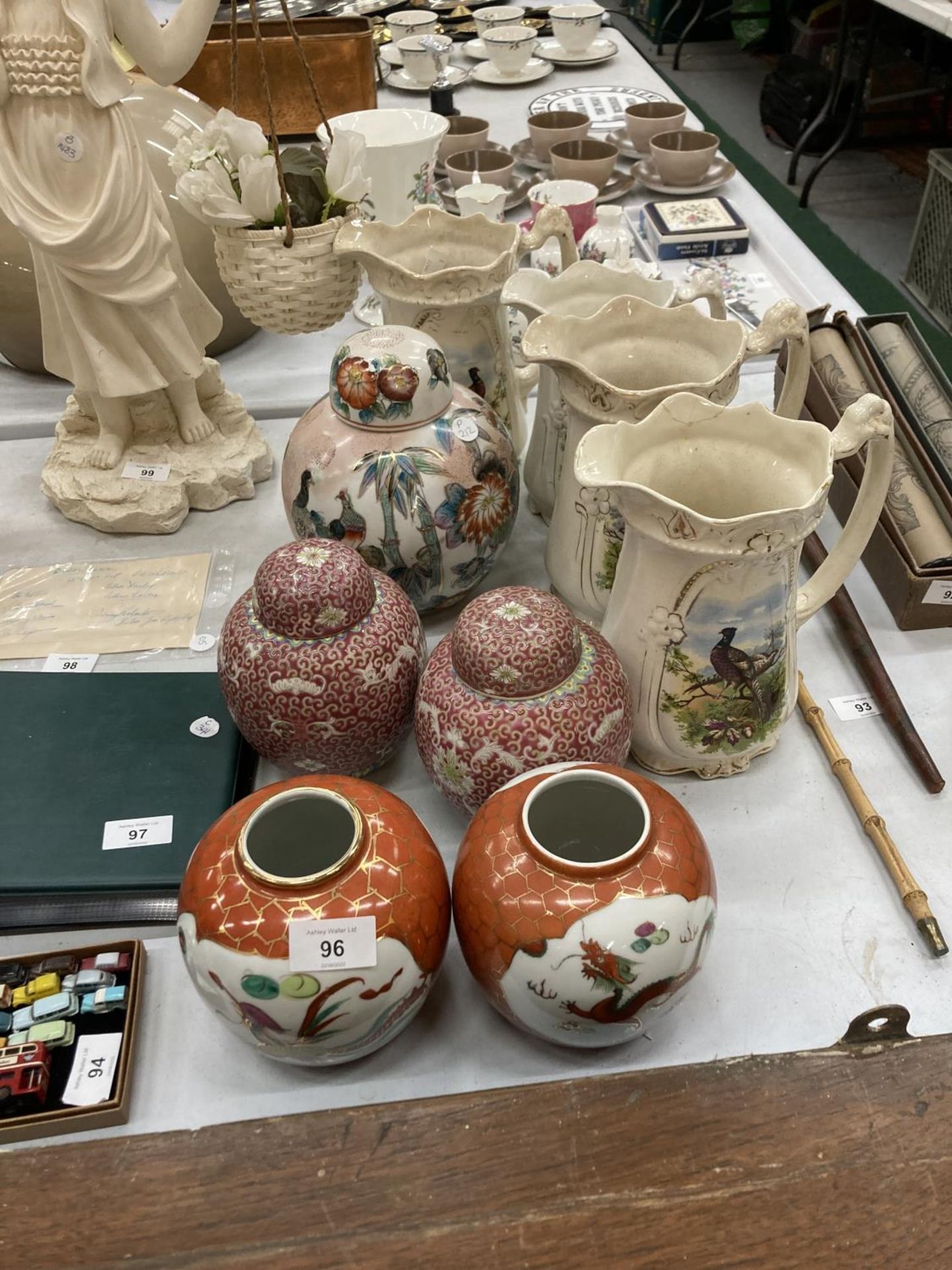 FIVE ORIENTAL STYLE GINGER JARS, THREE WITH LIDS, TWO WITH CLOISONNE DECORATION