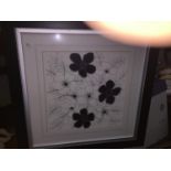 A FRAMED PRINT OF BLACK AND WHITE EMBROIDERY STYLE FLOWERS 50CM X 50CM