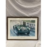 A FRAMED PRINT OF AN MGA 2 SEATER BY JAMES DUGDALE 1980 FOR THE 50TH ANNIVERSARY OF THE MG CLUB