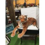 A VERY LARGE BENGAL TIGER CUDDLY TOY LENGTH 110CM, LENGTH 43CM