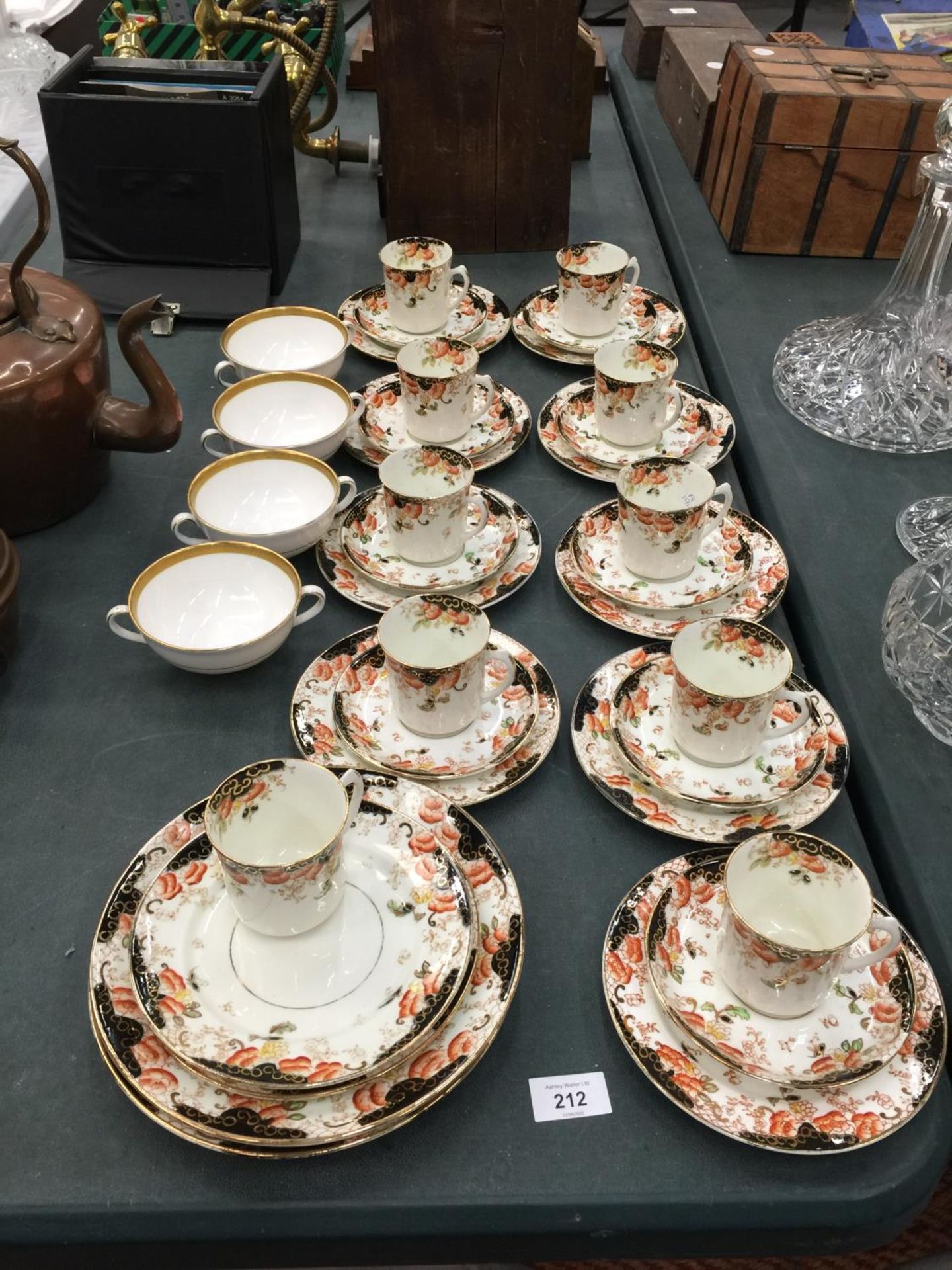 A QUANTITY OF DELPHINE CHINA CUPS, SAUCERS, PLATES, ETC, PLUS FOUR ROYAL DOULTON 'ROYAL GOLD' TWIN