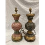 A PAIR OF WOODEN TABLE LAMPS PAINTED BLACK AND GOLD AND RED AND GOLD - HEIGHT 47CM
