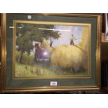 A FRAMED PRINT OF A VINTAGE HARVEST SCENE FROM THE ORIGINAL BY R C RISELEY 1941