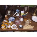 A LARGE QUANTITY OF ITEMS TO INCLUDE CUPS AND SAUCERS, CASH'S WOVEN ANIMAL PICTURES, RELIGIOUS