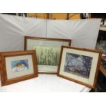 THREE FRAMED PRINTS AND A STILL LIFE OF FRUIT OIL ON BOARD