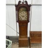 A 19TH CENTURY OAK AND CROSSBANDED EIGHT-DAY LONGCASE CLOCK WITH PAINTED ENAMEL DIAL