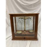 A GRIFFIN AND GEORGE LTD SET OF MICROID SCIENTIFIC SCALES IN A MAHOGANY CASE WITH GLASS PANELS -