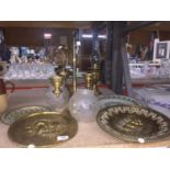 TWO TABLE LAMPS WITH ETCHED GLASS SHADES, A BRASS OIL LAMP PLUS FOUR BRASS PLAQUES