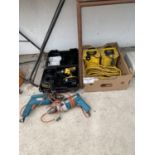 A DEWALT DRILL, TWO BLACK AND DECKER ELECTRIC DRILLS AND TWO 110V TRANSFORMERS