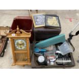 AN ASSORTMENT OF ITEMS TO INCLUDE TOOLS, PRINTS AND A CLOCK ETC
