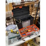 A LARGE PLASTIC TOOL BOX WITH AN ASSORTMENT OF TOOLS TO INCLUDE SPANNERS, SOCKETS, A WOOD PLANE