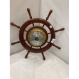 A VINTAGE STYLE OAK SHIPS WHEEL BAROMETER DIAMETER APPROX 48CM