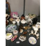 A MIXED COLLECTION OF ITEMS TO INCLUDE DOG FIGURES, HORSES HEAD WALL HANGING, ELEPHANT, PLATES,