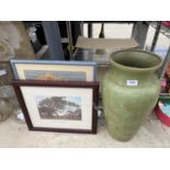 A CERAMIC VASE AND TWO FRAMED PRINTS