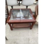 A MODERN GLASS TOP LAMP TABLE WITH SPLIT CANE UNDERTIER, 24X22"