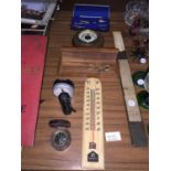 A BOXED COMPASS, THERMOMETER, SLIDE RULE, BAROMETER, BOXED DRAWING SET, ETC