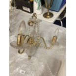 A VINTAGE STYLE THREE BRANCH CEILING LIGHT WITH GLASS DROPLETS AND CHAIN HANGING. DROP APPROX