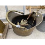 A VINTAGE BRASS COAL BUCKET AND FIRESIDE COMPANION ITEMS