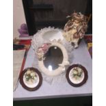 A COLLECTORS PORCELAIN DOLL 'SHIRLEY' IN A ROCKING CHAIR, FLORAL AND LACE FRAMED MIRROR, LACE
