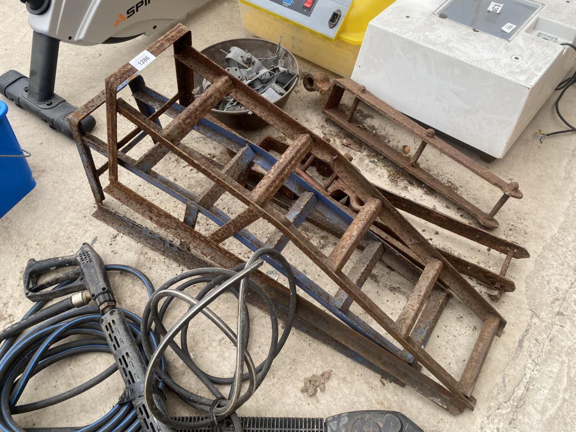 TWO METAL CAR RAMPS, GATE HINGES AND WIRE TIGHTENERS ETC - Image 8 of 8