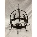 A WROUGHT IRON HANGING UTENSIL HOLDER DECORATED WITH SCROLLS AND HENS HEIGHT 37CM, DIAMETER 30CM