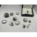 TWELVE VARIOUS SILVER ITEMS TO INCLUDE RINGS, PENDANT, CHARM, EARRINGS ETC