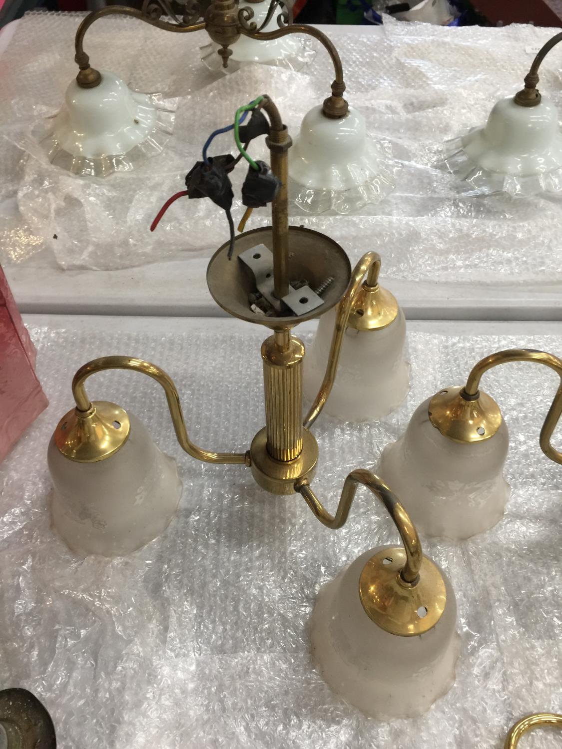 A PAIR OF VINTAGE BRASS THREE BRANCH CEILING LIGHTS WITH FROSTED GLASS. DROP 28.5CM, WIDTH 42CM, - Image 3 of 7