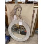 A LARGE ROUND MIRROR, A CANVAS AND A FRAMED PRINT ETC