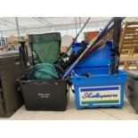A LARGE ASSORTMENT OF FISHING TACKLE TO INCLUDE RODS, REELS AND KEEP NETS ETC