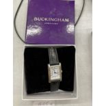 A MARKED 925 SILVER BUCKINGHAM WRISTWATCH IN BOX - WORKING AT TIME OF CATALOGUING BUT NO WARRANTY