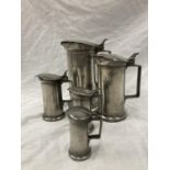 A SET OF FIVE PEWTER GRADUATING MEASURING LIDDED JUGS MEASURING FROM LITRE TO DEMI-DECILITRE WITH
