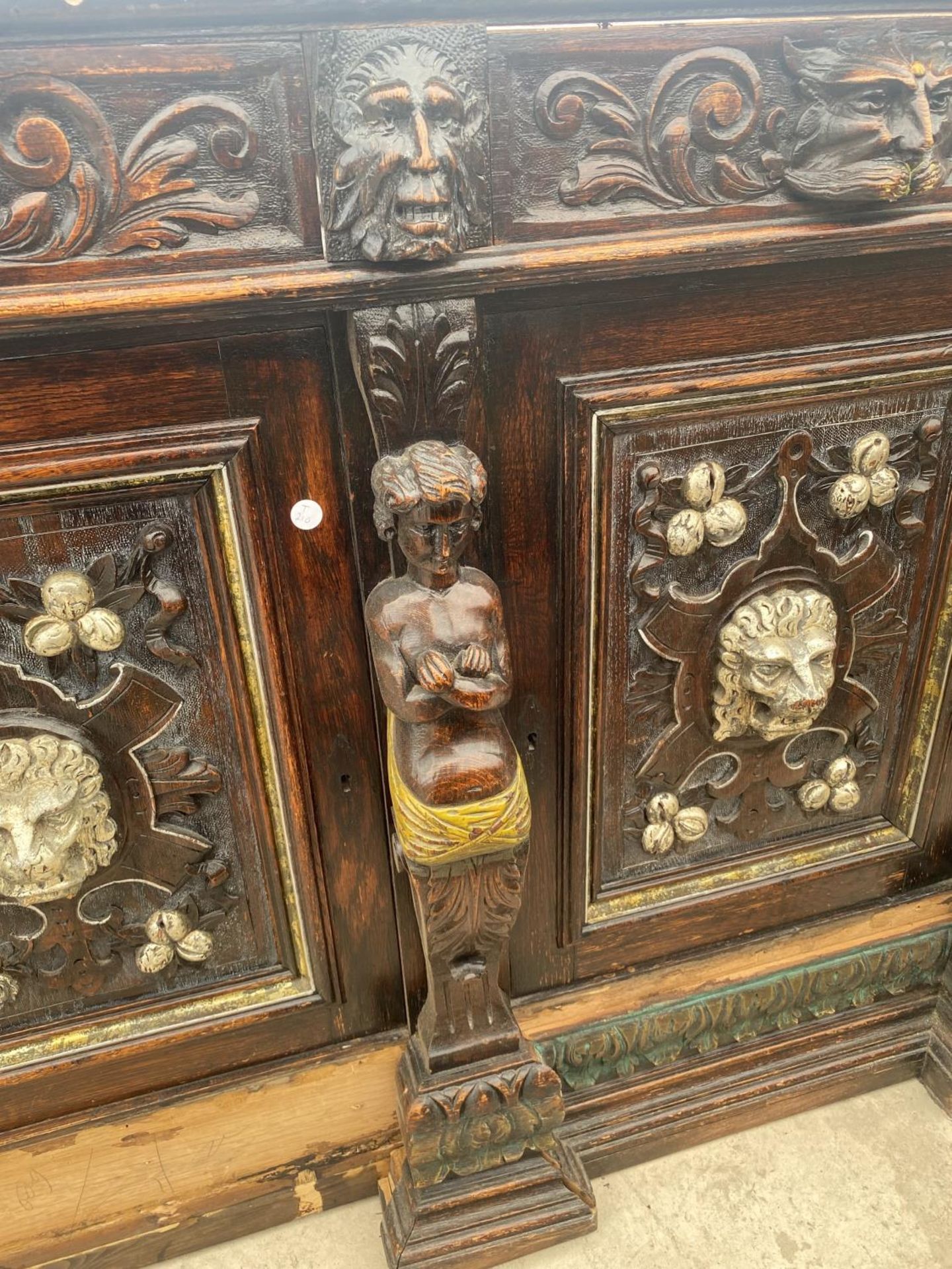 A VICTORIAN OAK HEAVILY CARVED BOOKCASE BASE WITH APPLIED CARVINGS OF ROBED LADIES AND LION MASKS, - Image 2 of 6