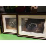 A PAIR OF FRAMED PRINTS OF VINTAGE CARS - LAGONDA AND ASTON MARTIN