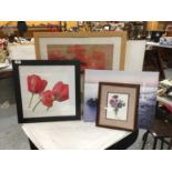 TWO FRAMED PRINTS OF POPPIES, A CANVAS PRINT AND A FRAMED NEEDLEWORK OF FLOWERS