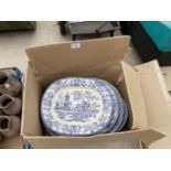 AN ASSORTMENT OF BLUE AND WHITE CERAMIC MEAT PLATES