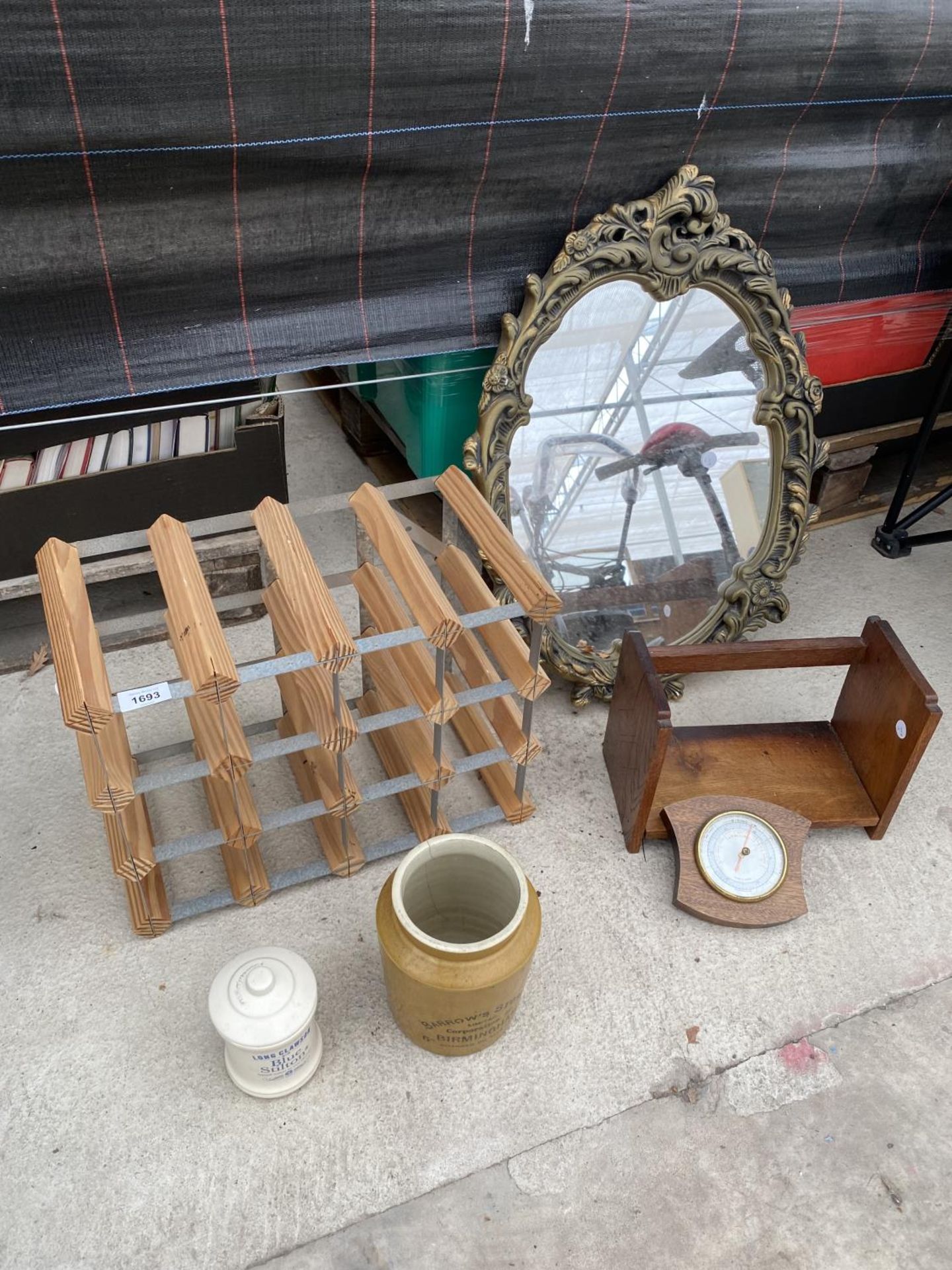 AN ASSORTMENT OF ITEMS TO INCLUDE A WINE RACK, A FRAMED MIRROR AND A BAROMETER ETC - Image 2 of 12