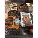 A LARGE QUANTITY OF TREEN ITEMS TO INCL;UDE AN EVERTON SIGN, ELEPHANTS, BOXES, SIGNS, ETC